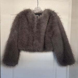 Zara Grey Faux Fur Cropped Jacket